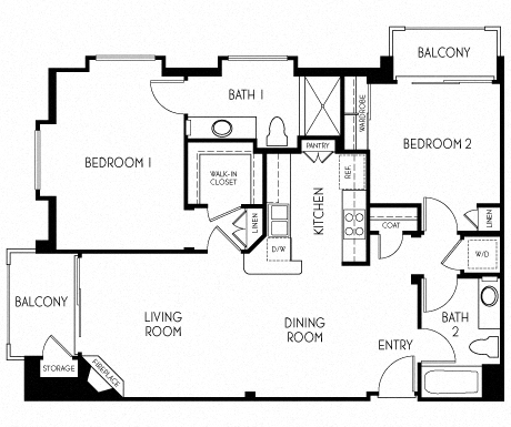 Floor plan for 2 beds, 2 baths, 1000 sqft
